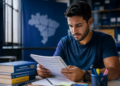 Jovem de barba lendo apostila em mesa de estudos com livros azuis e mapa do Brasil na parede.