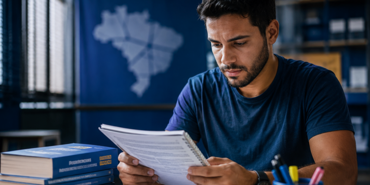 Jovem de barba lendo apostila em mesa de estudos com livros azuis e mapa do Brasil na parede.
