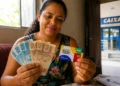Mulher segurando cartão do Bolsa Família e contando notas de reais em casa, representando o início da nova rodada de pagamentos do programa em maio.