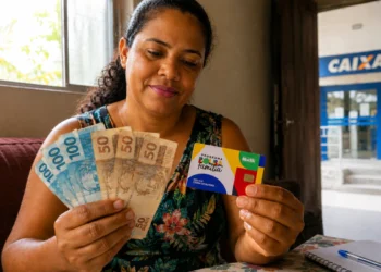 Mulher segurando cartão do Bolsa Família e contando notas de reais em casa, representando o início da nova rodada de pagamentos do programa em maio.