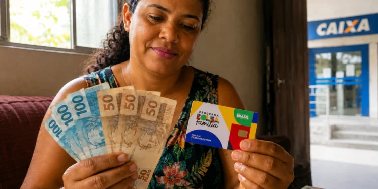 Mulher segurando cartão do Bolsa Família e contando notas de reais em casa, representando o início da nova rodada de pagamentos do programa em maio.
