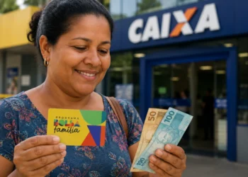 Beneficiária do Bolsa Família segurando cartão do programa e dinheiro em frente à Caixa, representando os pagamentos do programa nesta semana, de 22 a 25 de maio.