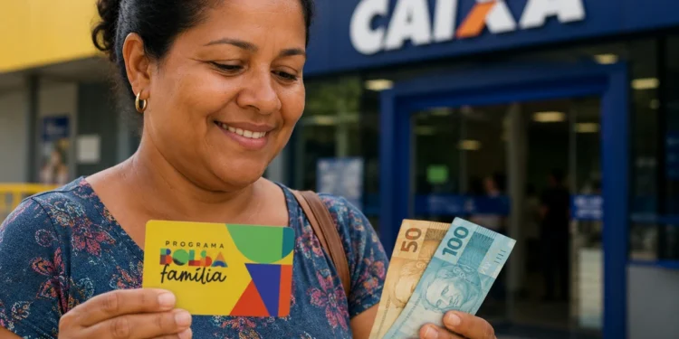 Beneficiária do Bolsa Família segurando cartão do programa e dinheiro em frente à Caixa, representando os pagamentos do programa nesta semana, de 22 a 25 de maio.