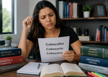 Mulher confusa segura papel com "Cabeçalho, Cabeçario, Cabeçário" em escritório com dicionários de português.