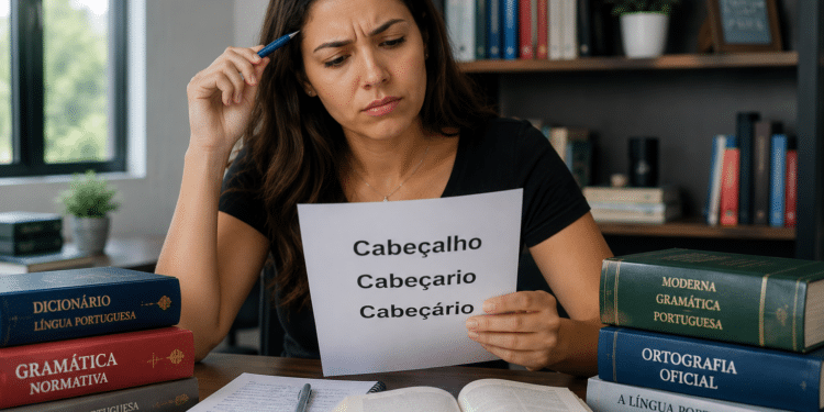 Mulher confusa segura papel com "Cabeçalho, Cabeçario, Cabeçário" em escritório com dicionários de português.