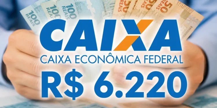 Dinheiro em reais com logotipo da CAIXA, representando o saque de R$ 6.220 liberado para moradores de quatro estados.