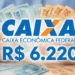 Dinheiro em reais com logotipo da CAIXA, representando o saque de R$ 6.220 liberado para moradores de quatro estados.