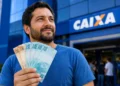 Brasileiro segurando notas de R$ 50 e R$ 100 em frente à agência da Caixa, representando o saque de R$ 6.220.