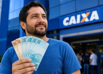 Brasileiro segurando notas de R$ 50 e R$ 100 em frente à agência da Caixa, representando o saque de R$ 6.220.