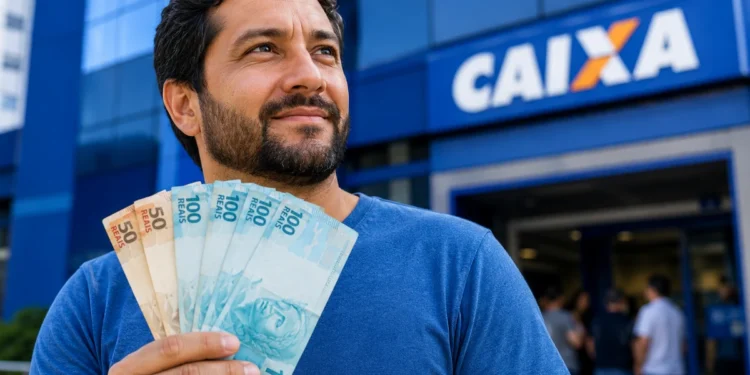 Brasileiro segurando notas de R$ 50 e R$ 100 em frente à agência da Caixa, representando o saque de R$ 6.220.