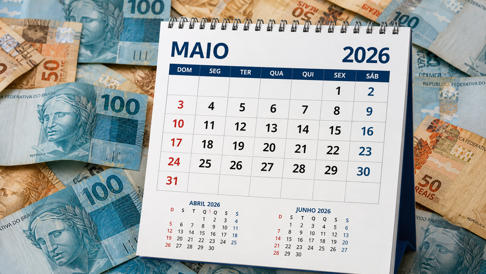Calendário de mesa mostrando maio 2026 em português sobre cédulas de 50 e 100 reais espalhadas