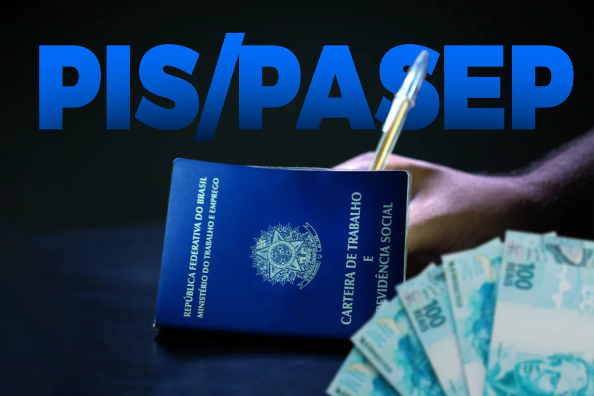 Carteira de Trabalho azul ao lado de notas de cem reais com o nome PIS/Pasep em destaque