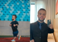 Advogado Matheus Menezes Matos, que tem nanismo, aparece em dois registros: em um deles, correndo em uma pista de atletismo com arquibancada azul ao fundo; no outro, fazendo uma selfie no espelho, vestido com terno preto e gravata azul.