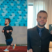 Advogado Matheus Menezes Matos, que tem nanismo, aparece em dois registros: em um deles, correndo em uma pista de atletismo com arquibancada azul ao fundo; no outro, fazendo uma selfie no espelho, vestido com terno preto e gravata azul.