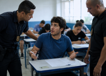 Jovem de camiseta azul sentado em carteira escolar sendo questionado por dois agentes de segurança uniformizados.