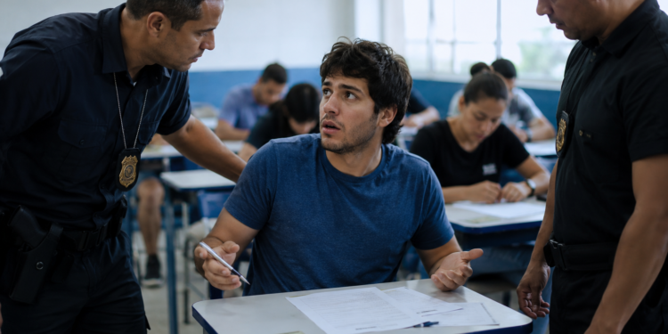 Jovem de camiseta azul sentado em carteira escolar sendo questionado por dois agentes de segurança uniformizados.
