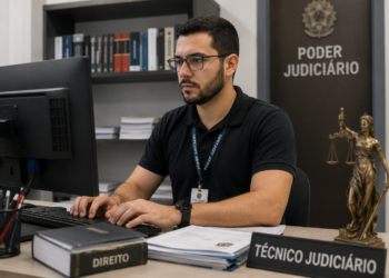 Técnico judiciário concentrado no trabalho em uma sala do Poder Judiciário, em referência à rotina e às vantagens da carreira em 2026.