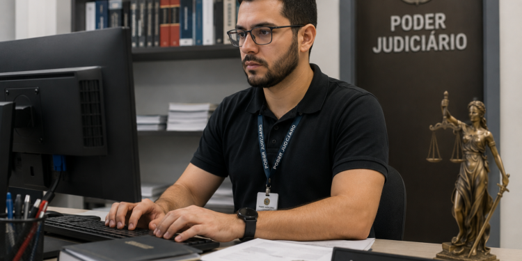 Técnico judiciário concentrado no trabalho em uma sala do Poder Judiciário, em referência à rotina e às vantagens da carreira em 2026.