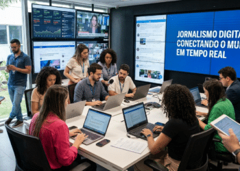 Jornalistas trabalham em redação digital moderna com laptops, telões exibindo redes sociais e painel azul.