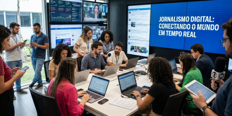 Jornalistas trabalham em redação digital moderna com laptops, telões exibindo redes sociais e painel azul.