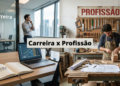 Comparativo visual entre ambiente corporativo com executivo e oficina de marcenaria com artesão trabalhando.