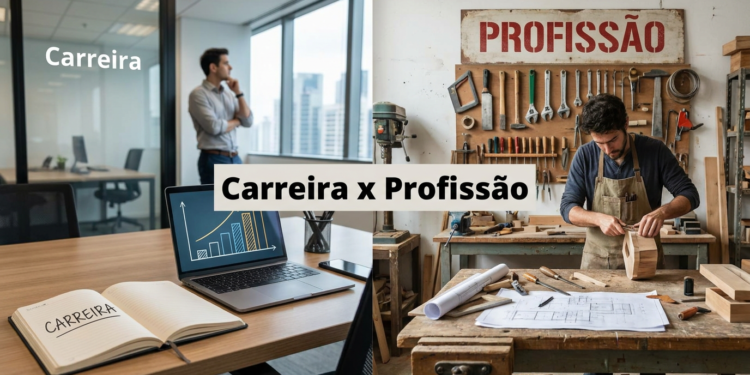 Comparativo visual entre ambiente corporativo com executivo e oficina de marcenaria com artesão trabalhando.