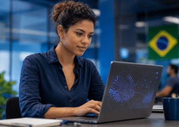 Mulher jovem de camisa azul-marinho digita em laptop prateado com design luminoso, bandeira do Brasil ao fundo.