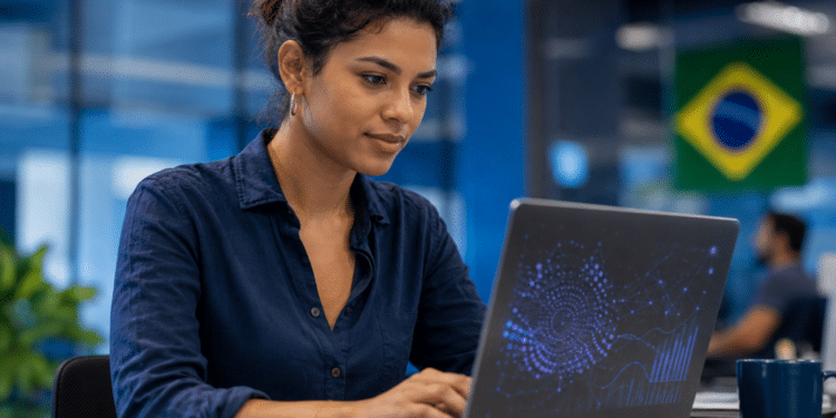 Mulher jovem de camisa azul-marinho digita em laptop prateado com design luminoso, bandeira do Brasil ao fundo.