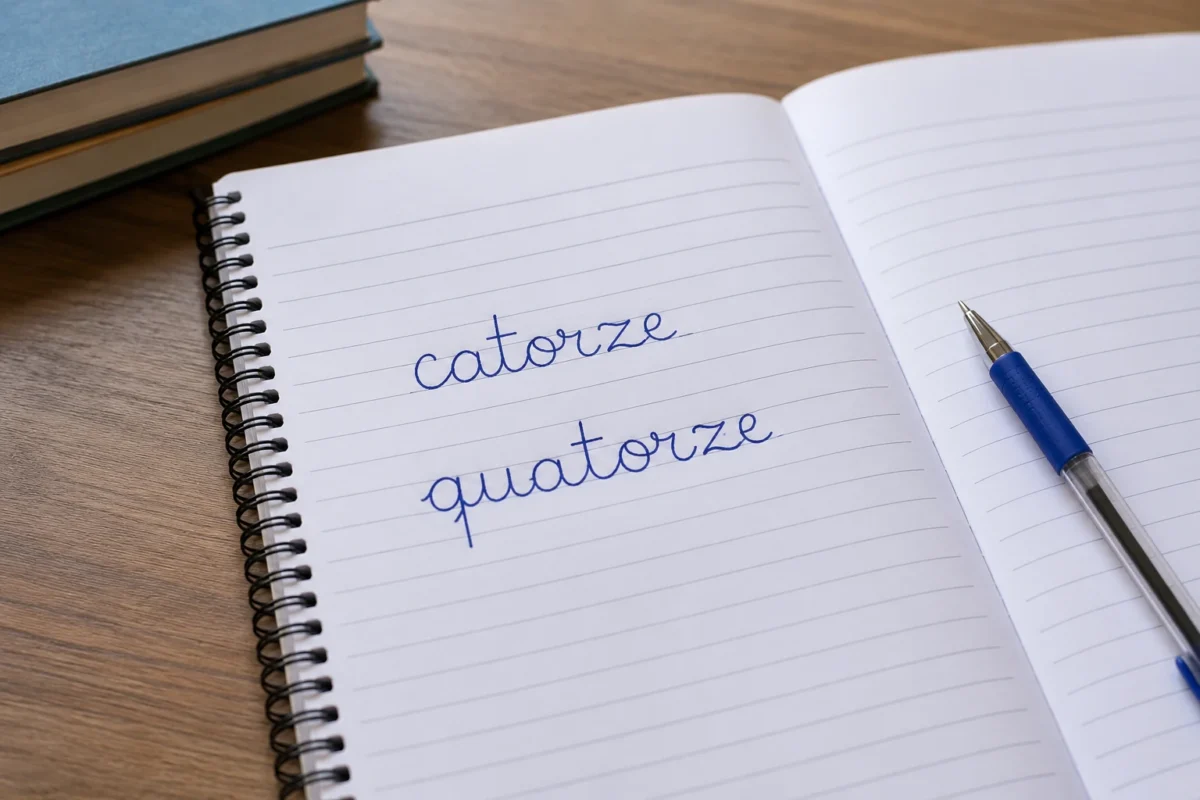 Caderno aberto com as palavras catorze e quatorze escritas à mão, ilustrando a diferença de uso na língua portuguesa