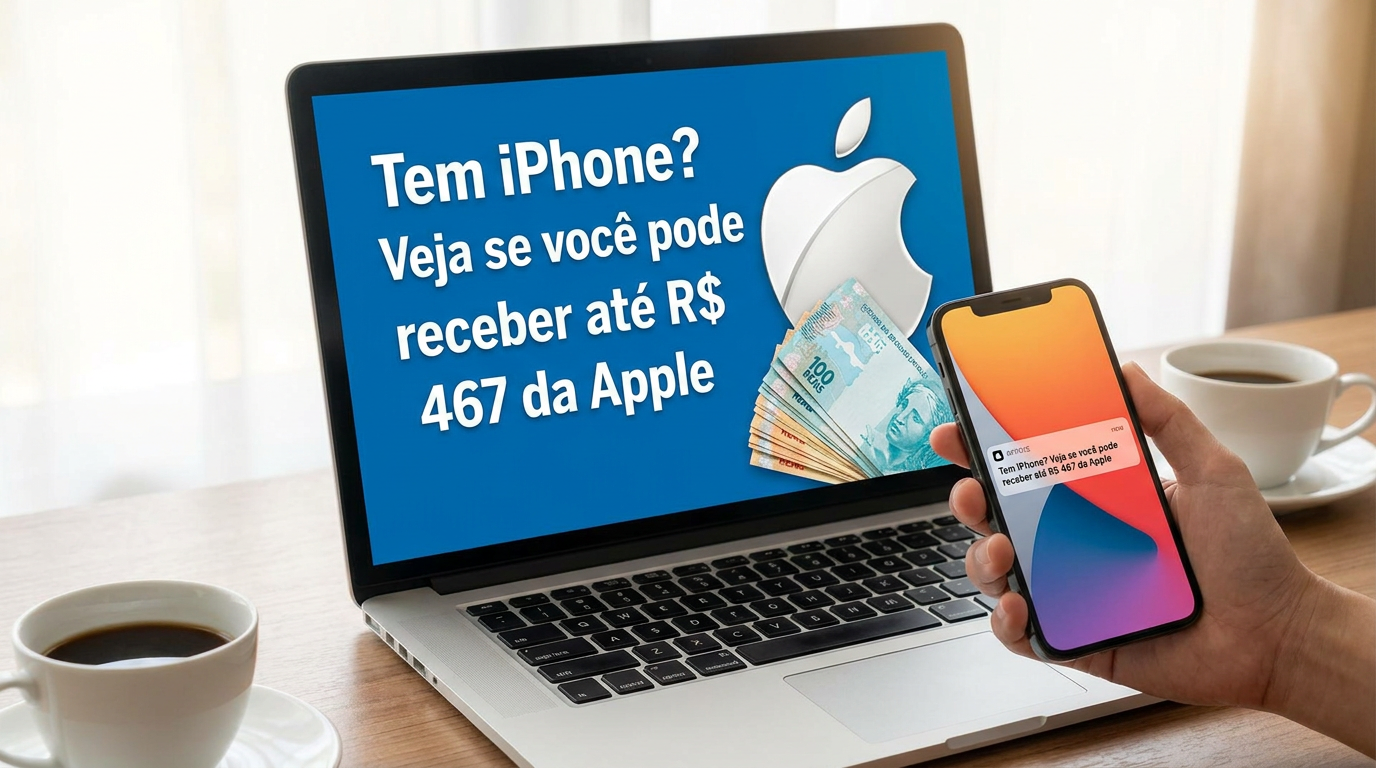 Notebook mostrando tela azul com texto sobre indenização Apple e mão segurando iPhone com notícias de dinheiro brasileiro.