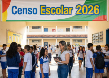Funcionária com tablet conversa com alunos de uniforme azul e branco no pátio de escola durante Censo Escolar 2026.