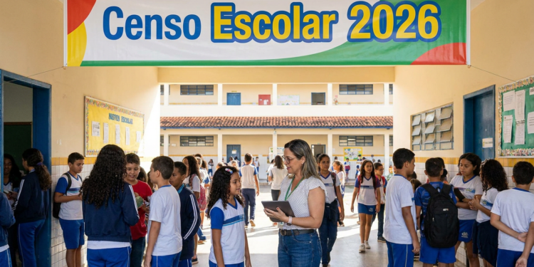 Funcionária com tablet conversa com alunos de uniforme azul e branco no pátio de escola durante Censo Escolar 2026.
