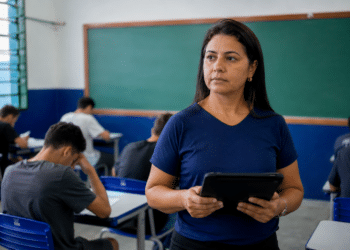 Professora de camiseta azul marinho segura tablet preto enquanto alunos fazem prova em sala com lousa verde.