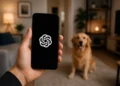 Mão segurando smartphone com ícone do ChatGPT na tela, em ambiente interno desfocado com cachorro ao fundo.