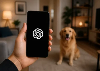 Mão segurando smartphone com ícone do ChatGPT na tela, em ambiente interno desfocado com cachorro ao fundo.