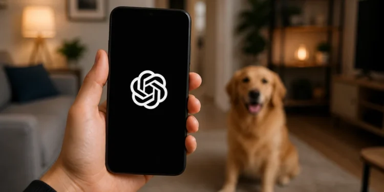 Mão segurando smartphone com ícone do ChatGPT na tela, em ambiente interno desfocado com cachorro ao fundo.