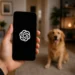 Mão segurando smartphone com ícone do ChatGPT na tela, em ambiente interno desfocado com cachorro ao fundo.