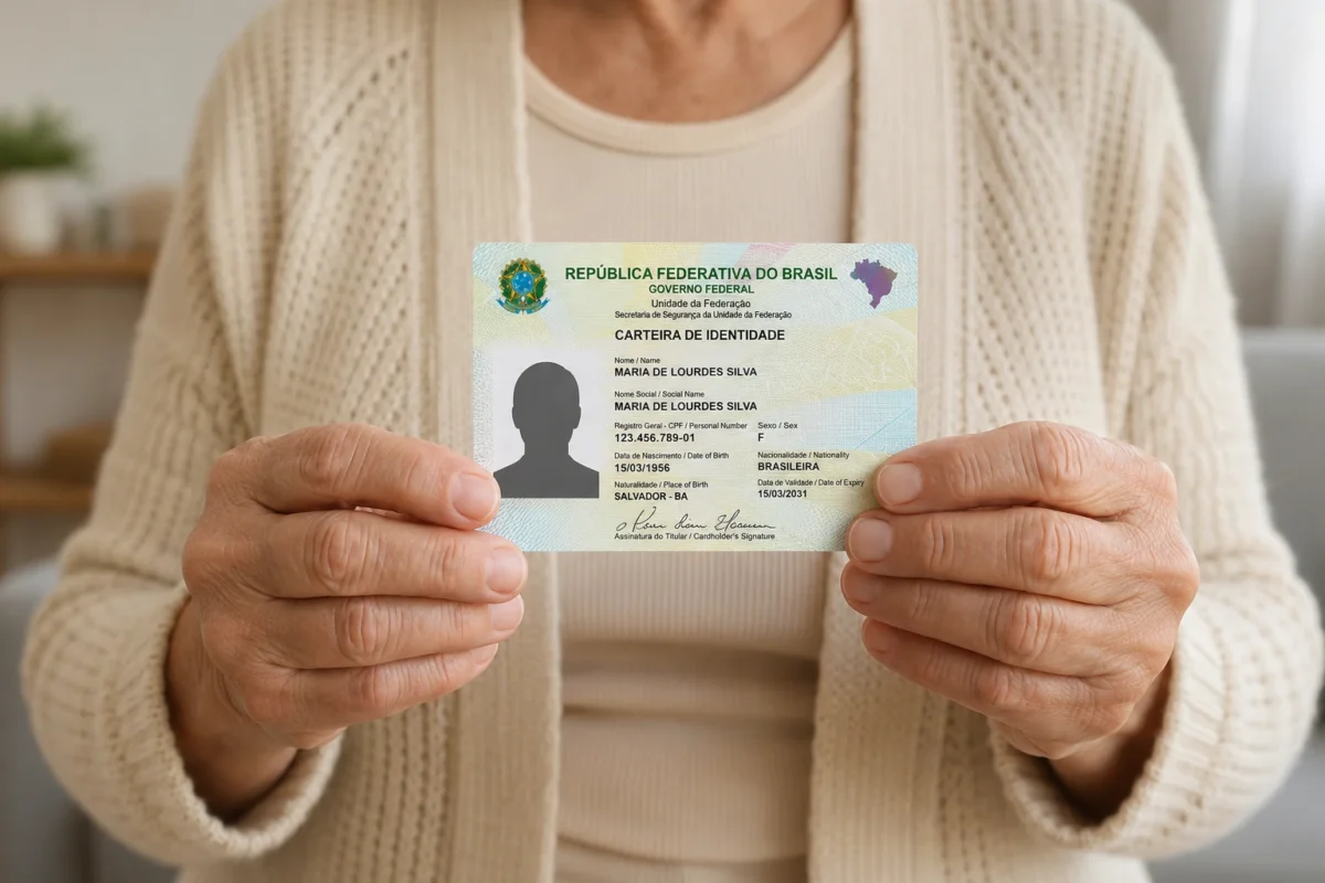 Pessoa idosa segura a Carteira de Identidade Nacional durante ação voltada ao atendimento 60+ do SAC.