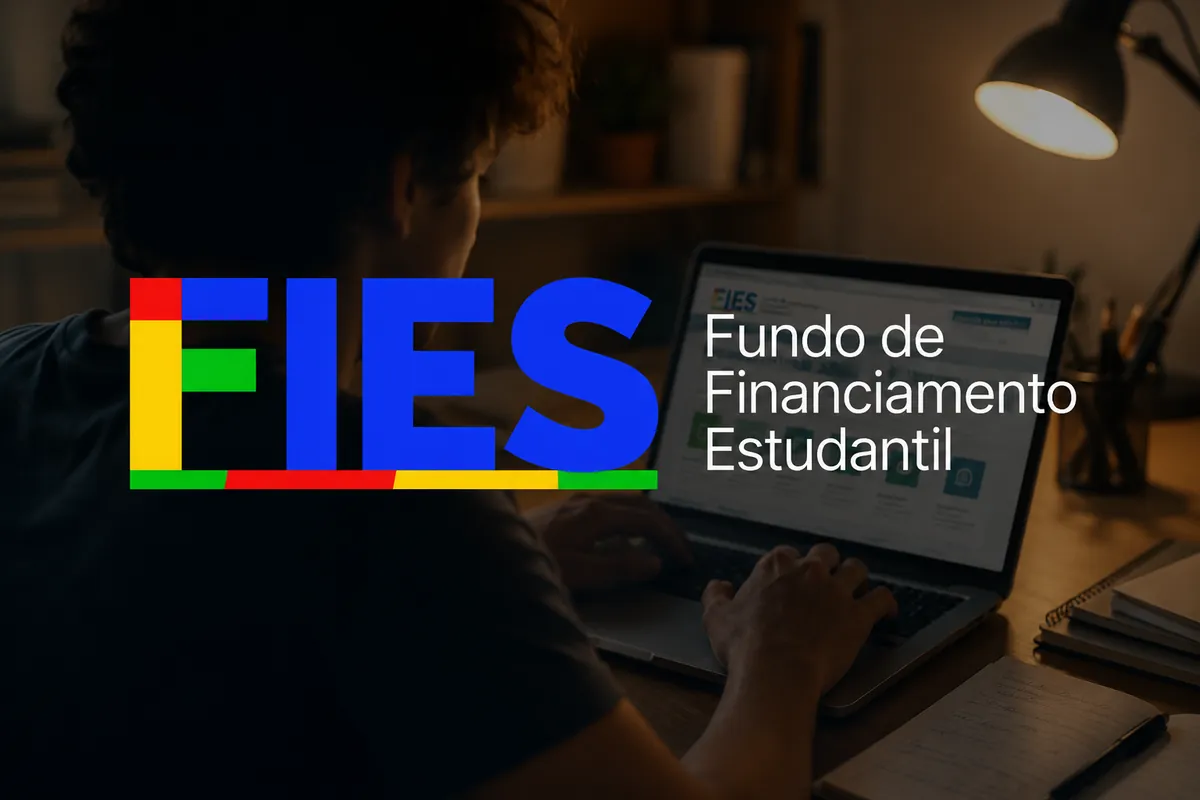 Estudante acessando informações do Fies no notebook, representando os critérios de classificação da seleção.