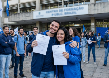 Dois jovens sorriem e exibem documentos oficiais em frente a um centro de formação enquanto outros aprovados comemoram ao fundo