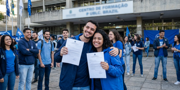 Dois jovens sorriem e exibem documentos oficiais em frente a um centro de formação enquanto outros aprovados comemoram ao fundo
