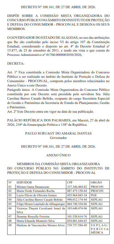 Decreto estadual com lista de membros da comissão organizadora do concurso público PROCON Alagoas