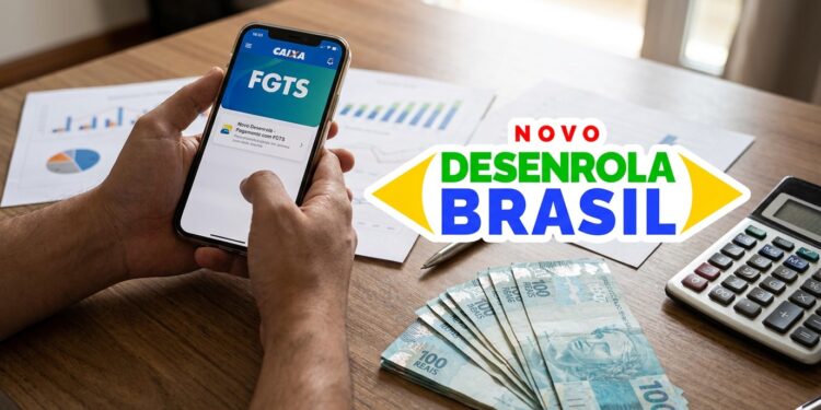 Homem segura celular com o aplicativo do FGTS aberto ao lado de cédulas, calculadora e a marca do Novo Desenrola Brasil.