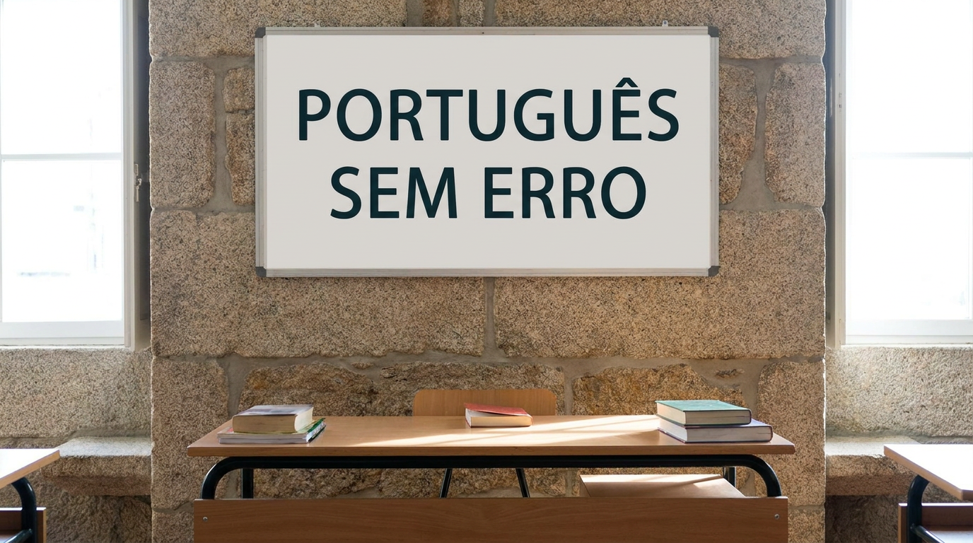 Lousa branca com texto "Português Sem Erro" fixada em parede de pedra, acima de mesa escolar com livros.