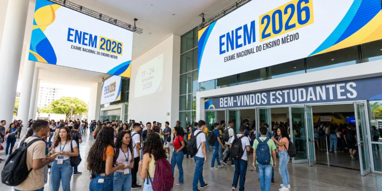 Dezenas de estudantes com mochilas reunidos na entrada de local de prova do ENEM 2026 sob banners azuis e amarelos.