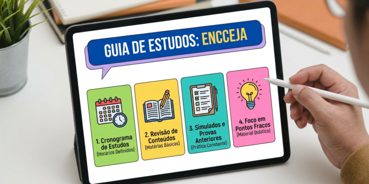 Tablet exibindo infográfico do ENCCEJA com cronograma, revisão, simulados e foco em pontos fracos.