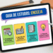 Tablet exibindo infográfico do ENCCEJA com cronograma, revisão, simulados e foco em pontos fracos.