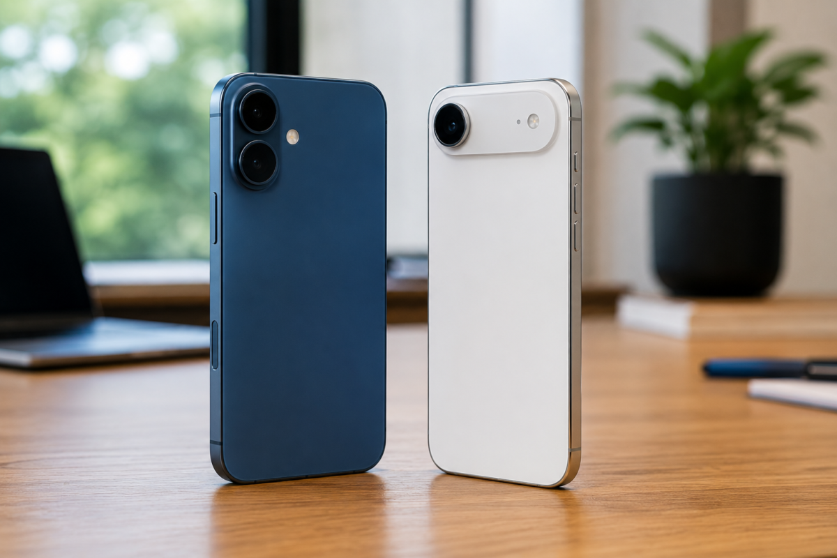 Dois iPhones em pé mostrando a traseira: azul ultramarino com câmera dupla vertical e branco com módulo em formato de pílula.
