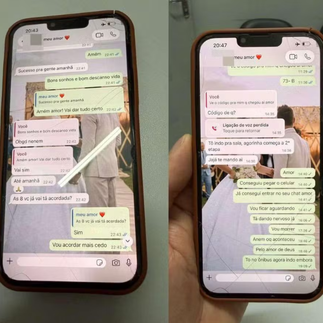 Celular exibindo conversa WhatsApp com contato "meu amor" e papel de parede mostrando cerimônia de casamento.