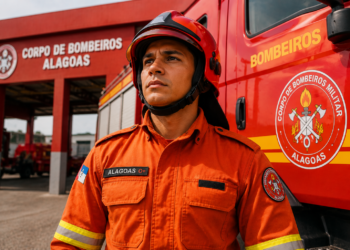 Bombeiro militar com uniforme laranja e capacete vermelho ao lado de viatura do Corpo de Bombeiros de Alagoas.